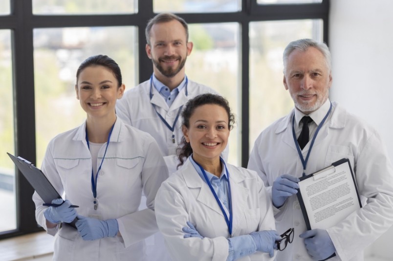 Equipo médico de Promover S.A.S. conformado por cuatro profesionales de la salud, vestidos con batas blancas y guantes, sonriendo y sosteniendo portapapeles, posando en un entorno clínico iluminado